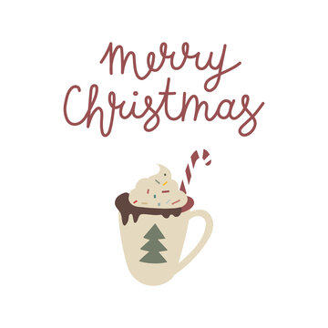 Lettering Merry Christmas. Vector flat illustration with hot cocoa cup. Winter clipart isolated on white background