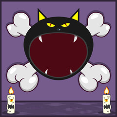 Halloween Character Design With Black Cat Head. On Skull and Candles