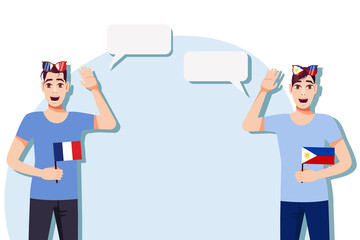 Men with French and Philippine flags. Background for the text. Communication between native speakers of the language. Vector illustration.