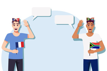 Men with French and South African flags. The concept of international communication, education, sports, travel, business. Dialogue between France and South Africa. Vector illustration.