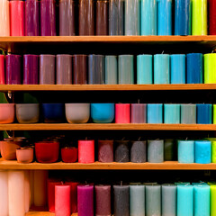 Large multi-colored candles on the counter of the store.