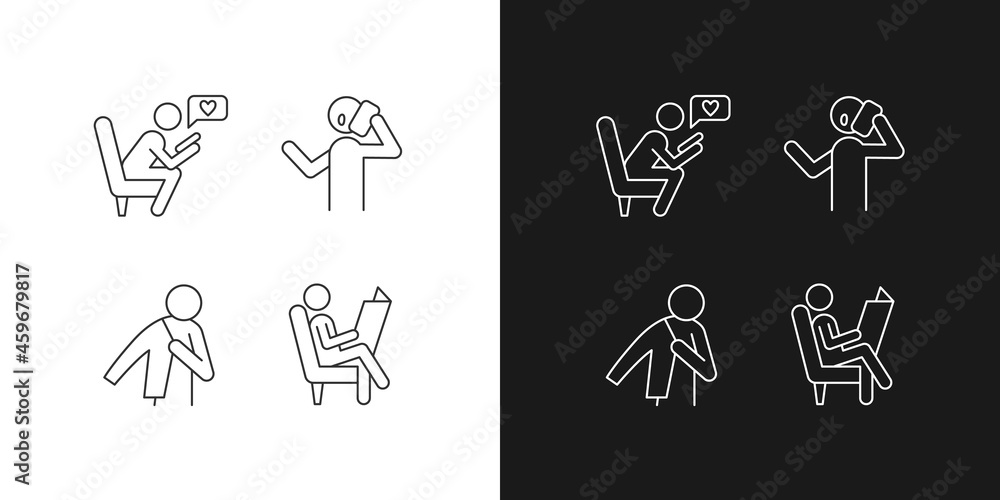Poster everyday life linear icons set for dark and light mode. making telephone call. reading newspaper. cu