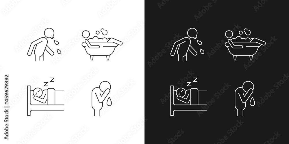 Poster human actions linear icons set for dark and light mode. crying man. sleeping in bed. lying in bubble