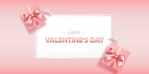 Beatiful pink pastel greeting card or banner with gift box. Happy Valentine's Day. Vector illustration for greeting card, banners, wallpaper, invitation, flyer, sertificate or gift card. Vector