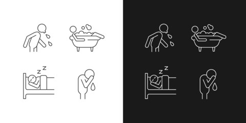 Human actions linear icons set for dark and light mode. Crying man. Sleeping in bed. Lying in bubble bath. Customizable thin line symbols. Isolated vector outline illustrations. Editable stroke