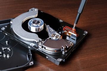 computer hard drive with a screwdriver on the desktop