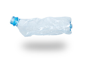 An empty smashed blue plastic bottle, isolated. On white background with shadow