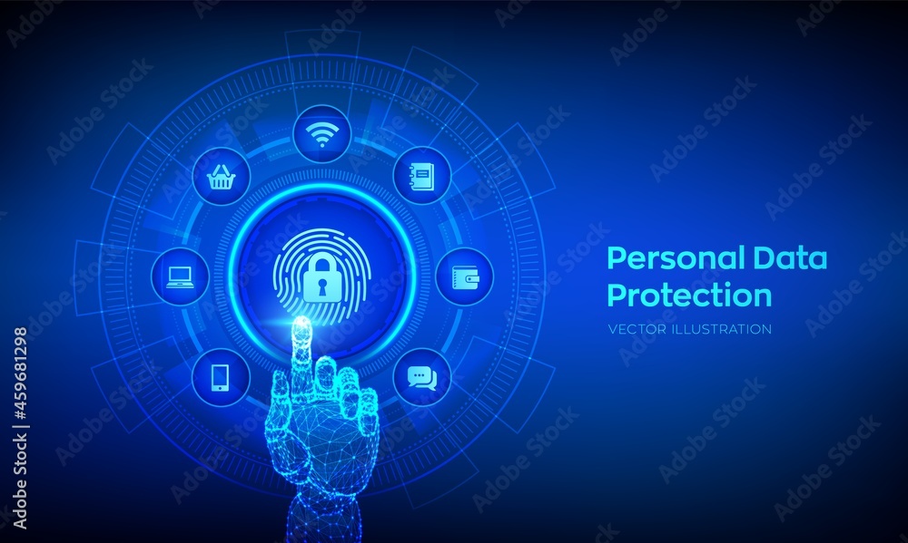 Poster personal data protection business concept on virtual screen. cyber security. fingerprint with padloc