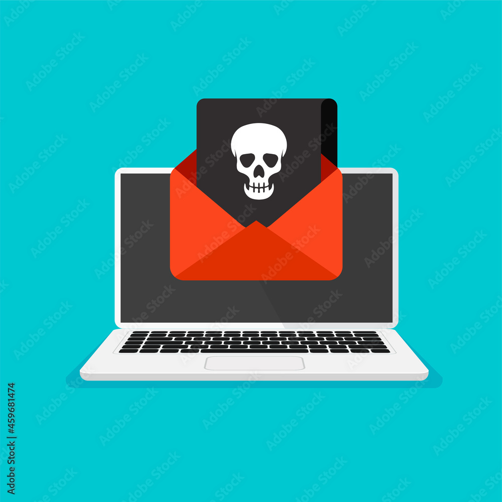 Poster monitor and virus warning on it. hacking mail or computer. skull icon on a display. getting a pirate