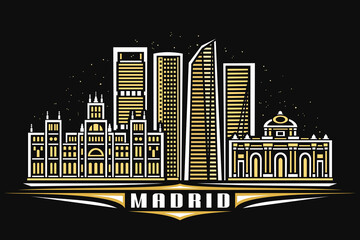 Fototapeta premium Vector illustration of Madrid, black horizontal poster with linear design illuminated madrid city scape, european urban line art concept with decorative lettering for word madrid on dark background.