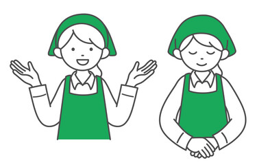スーパーマーケット女性店員の上半身イラストセット(説明・お辞儀）