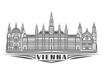 Vector illustration of Vienna, monochrome horizontal poster with linear design famous vienna city scape, urban line art concept with unique decorative letters for black word vienna on white background - obrazy, fototapety, plakaty