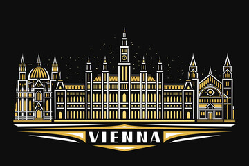 Naklejka premium Vector illustration of Vienna, black horizontal poster with linear design illuminated vienna city scape, european urban line art concept with decorative lettering for word vienna on dark background.