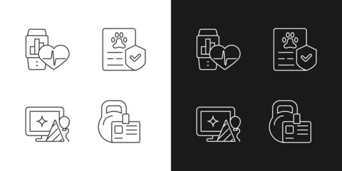 Motivating employees linear icons set for dark and light mode. Health tracker for worker. Workplace celebration. Customizable thin line symbols. Isolated vector outline illustrations. Editable stroke