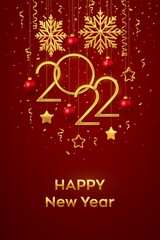 Happy New 2022 Year. Hanging Golden metallic numbers 2022 with shining snowflakes, 3D metallic stars, balls and confetti on red background. New Year greeting card or banner template. Vector.