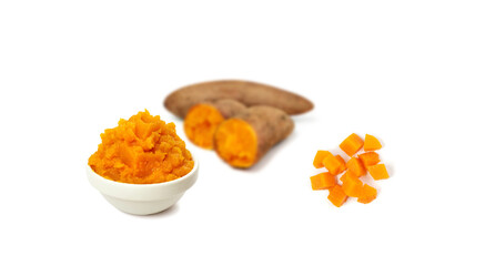 Fototapeta na wymiar Mashed sweet potato isolated. Sweetpotato puree, batata mash
