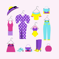 Vector set of clothes and accessories. Sweaters and dress, women's dresses on hangers.