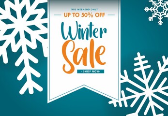 Winter sale banner design with white snowflakes . paper art style.