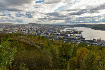 Kola Bay, Murmansk port and downtown view from Green Cape hill
