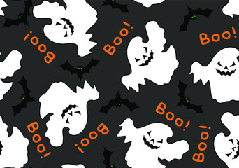 Abstract Hand Drawing Cute Halloween Ghosts and Bats with Boo Text Seamless Vector Pattern Isolated Background