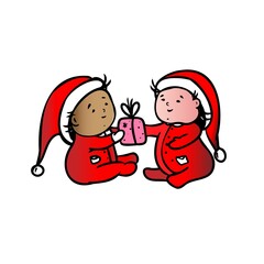 Two kids give each other gifts for Christmas