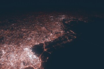 Kawasaki aerial view at night. Top view on modern city with street lights