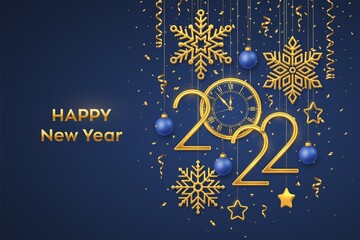 Obraz na płótnie Canvas Happy New 2022 Year. Gold metallic numbers 2022 and watch with Roman numeral and countdown midnight, eve for New Year. Hanging golden stars, snowflakes, balls on blue background. Vector illustration.
