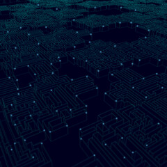 The outline of a large maze of blue lines on a dark background with glowing lights. Vector illustration