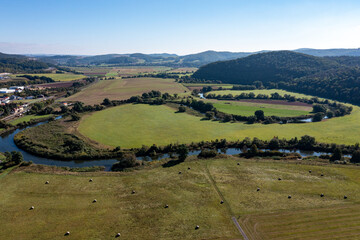 Naklejka premium The Werra River in the Werra Valley at Herleshausen between Hesse and Thuringia in Germany