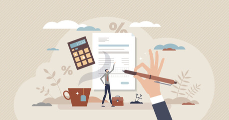 Tax return form as document for VAT payment calculation tiny person concept. Financial taxation refund or get back overpaid money from government vector illustration. Business accountancy balance work