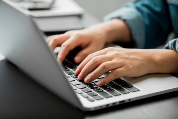 close up of young women using laptop computer working online at home, modern devices technology, typing text send mail, search data on internet, learning online, lifestyle freelancer, e-business.