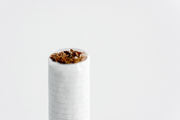 Single cigarette on white background. Copy Space. Close up