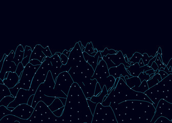 The contour of the rocky mountains from blue lines with glowing lights on a dark background. Vector illustration
