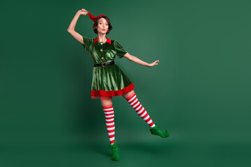 Full length body size view of attractive cheerful amazed funny girl elf fooling having fun isolated...