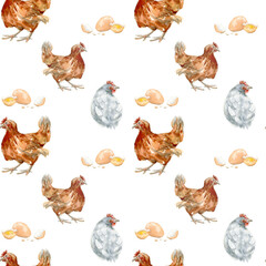 Hand drawn watercolor seamless pattern of chickens and eggs. Cottage style village animals. Farm digital paper isolated on white background. Country clipart in a realistic manner.