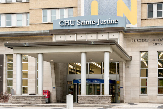 Montreal, QC, Canada - September 6, 2021: Main entrance of CHU Sainte-Justine in Montreal, Quebec, Canada. The 'Centre Hospitalier Universitaire Sainte-Justine' is a pediatric hospital center. 