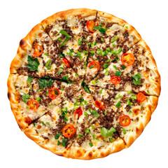 Isolated pizza with minced meat and tomatoes on white background