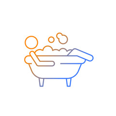 Bathe gradient linear vector icon. Man lying in bubble bath. Personal hygiene activities. Maintain cleanliness of body. Thin line color symbol. Modern style pictogram. Vector isolated outline drawing