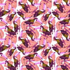Fototapeta na wymiar Watercolor seamless pattern with toucan. Exotic botanical jungle wallpaper with tropical bird and leaves. Bright summer pattern background. 