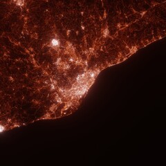 Barcelona city lights map, top view from space. Aerial view on night street lights. Global networking, cyberspace