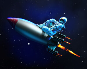 Astronaut travels in space sitting on the flying missile, 3D illustration - obrazy, fototapety, plakaty