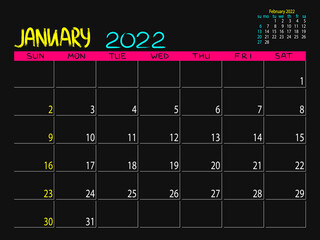 Calendar 2022 year. January 2022 planner. Desctop calendar design. Month planner. Grunge trendy background. Life or business planning. Place for notes. Printable template.