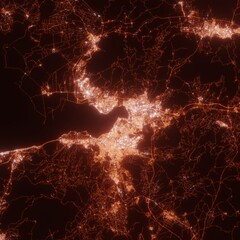 Izmir city lights map, top view from space. Aerial view on night street lights. Global networking, cyberspace