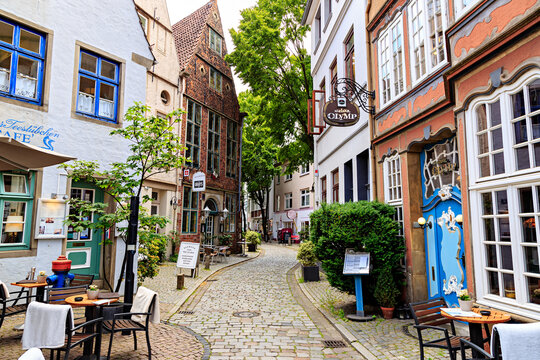 Bremen, Germany - June 28, 2019: Houses in the historic district of Bremen Schnoor