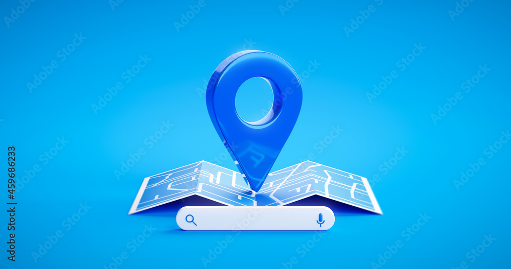 Poster blue location pin sign icon and gps navigation map road direction or internet search bar technology 