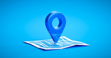 Blue location symbol pin icon sign or navigation locator map travel gps direction pointer and marker place position point design element on route graphic road mark destination background. 3D render. - obrazy, fototapety, plakaty