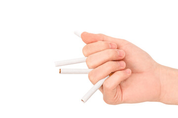 Template for designers. Hand holding cigarette on white