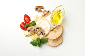 Concept of tasty food with grilled camembert on white background