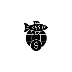 International fisheries trade permit black glyph icon. Import and export regulation. Reexport monitoring. Commercial fishery. Silhouette symbol on white space. Vector isolated illustration