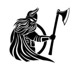 Illustration of a viking with an axe and a shield on a white background. 